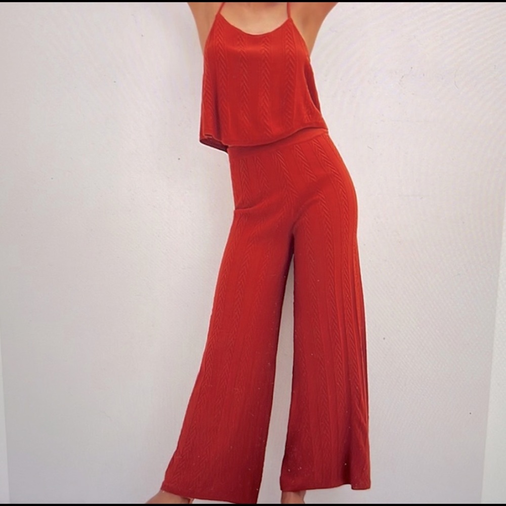 Anthropologie Cable-Knit wide-Leg Pant Set Brick Red
